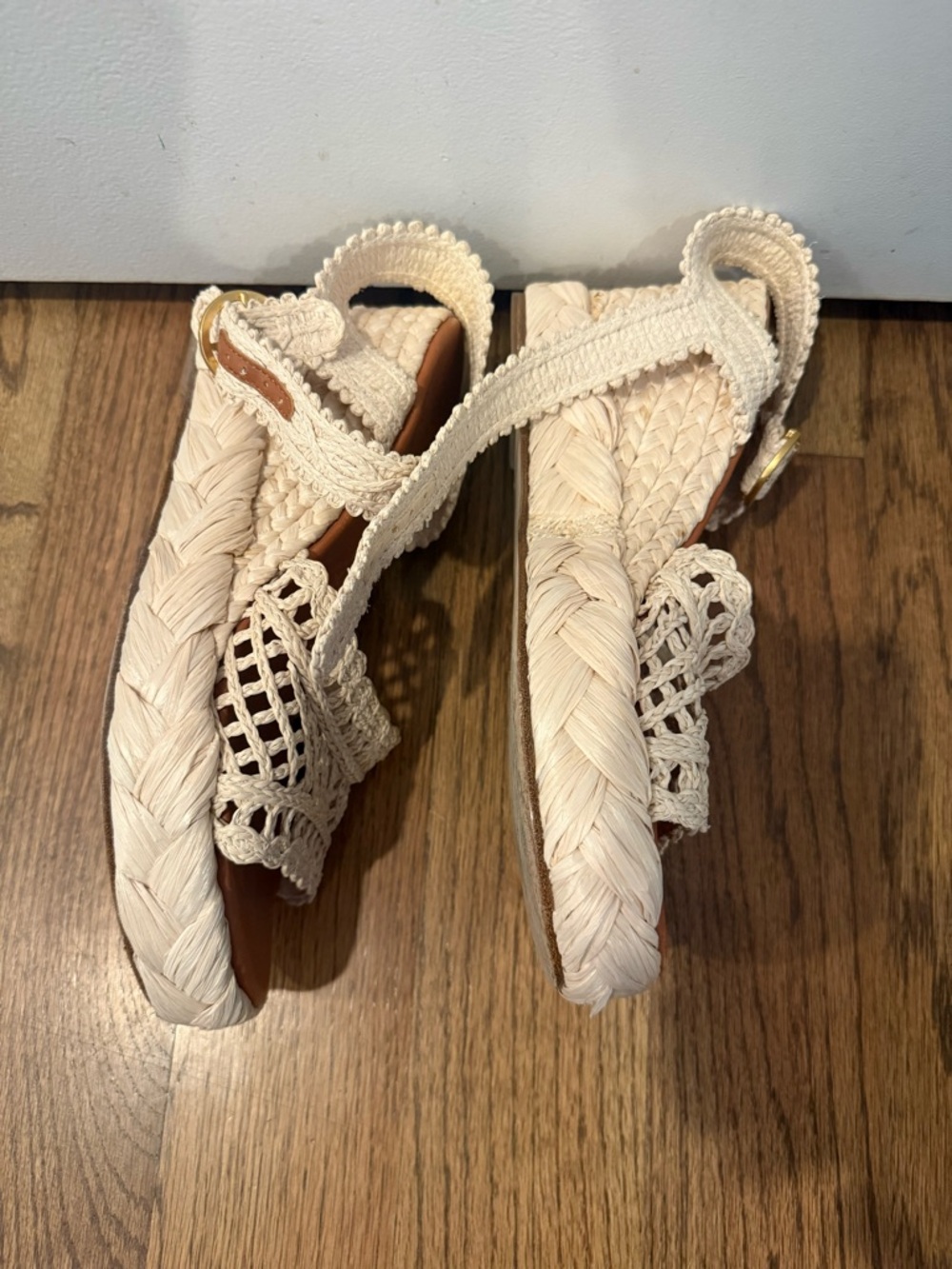 Tory Burch Cream Crochet Wedge Sandals with Gold Buckle - Picture 2 of 6